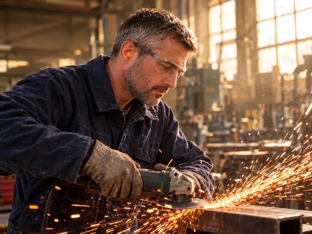 Protection auditive : ouvrier portant des bouchons d’oreille et des lunettes de protection pendant le meulage d’une pièce métallique